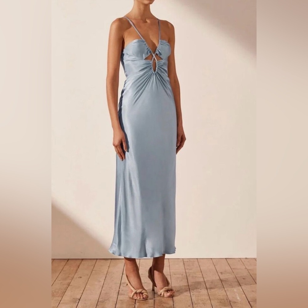 Shona Joy Dusty Blue Satin Maxi Dress
